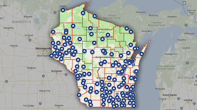 Map of Wisconsin showing participating WisCaregiverCNA.com facilities